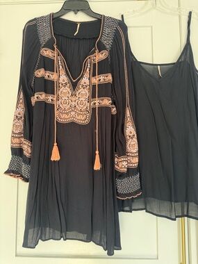 Free People Navy  Boho Dress with Peach Embroidery